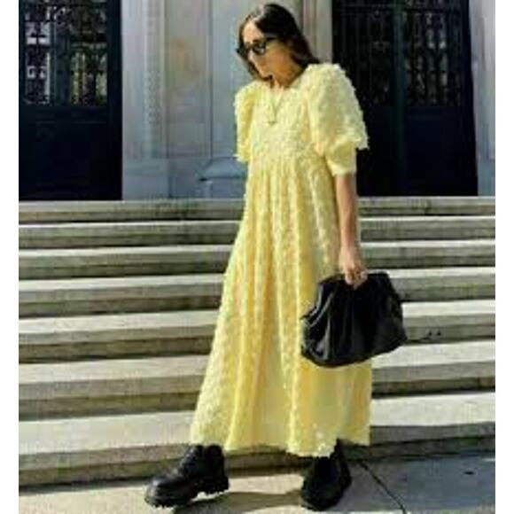 Zara Voluminous Yellow Textured Weave Puff Sleeve Midi Dress Size XS 2339/301 - Picture 4 of 15